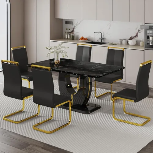 Juego de 6 sillas de mesa de comedor para 6, juego de 6, moderno juego de comedor con mesa de comedor de mármol de 63 pulgadas, sillas tapizadas de