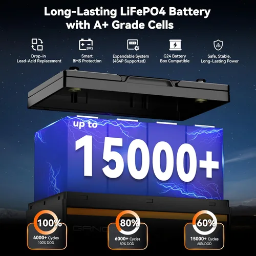 Vista 6 de Batería LiFePO4 de 12 V 100 Ah, batería de litio de ciclo profundo, tamaño grupo 24, BMS de 100 A integrado, más de 15000 ciclos, batería ligera