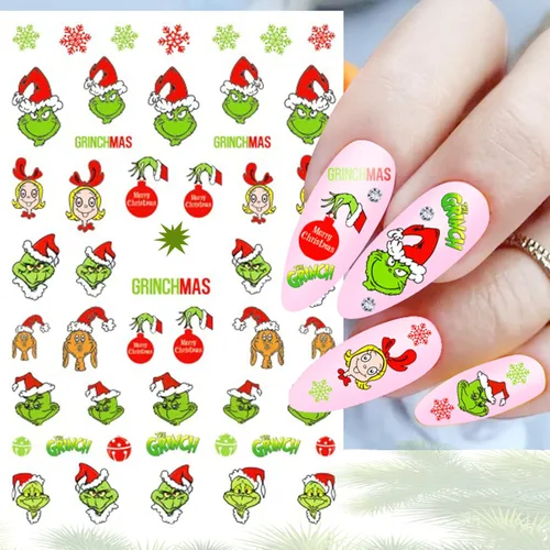 Vista 3 de 6 hojas de calcomanías navideñas para uñas, calcomanías de uñas de Navidad 3D, divertido diseño de dibujos animados, accesorios de decoración