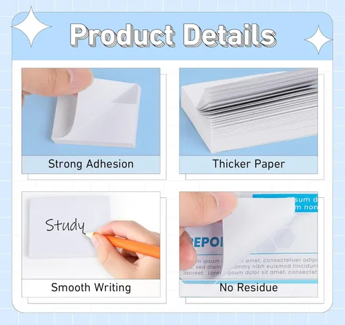 Vista 3 de Notas adhesivas blancas de 1.5 x 2 pulgadas, 10 blocs de notas pequeñas autoadhesivas, 100 hojas/bloc de notas súper adhesivas, 1000 hojas en total