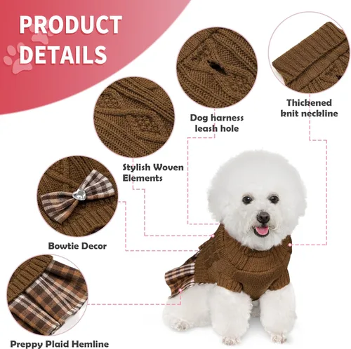 Vista 3 de WOYYHO Vestido de suéter para perrita con corbatín, cuello alto, pequeño, con hueco para correa, suéteres de punto para perritas, ropa de invierno