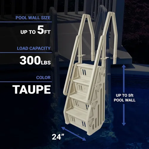 Vista 3 de Vinyl Works Sistema de entrada de escalera ajustable de lujo de 24 pulgadas de ancho para piscinas sobre el suelo con escalones antideslizantes
