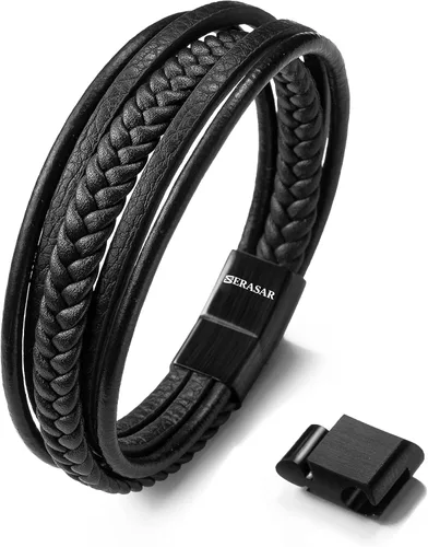 SERASAR Premium Leather Bracelet Braid for Men in Black & Brown Various Lengths Magnetic Stainless Steel Clasp Exclusive Jewellery Box Great