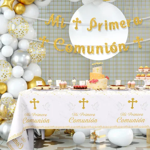 Vista 4 de AIBIIN 194 Piezas Decoraciones Mi Primera Comunión, Suministros para Fiesta de Primera Comunión Blanco y Dorado, Pancarta Temática de Bautismo