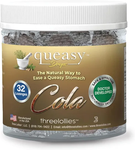 Vista 20 de Three Lollies Queasy Drops - Sabor a Cola - Alivio de las náuseas y del mareo de viaje, calma la boca seca y calma el estómago - Ingredientes