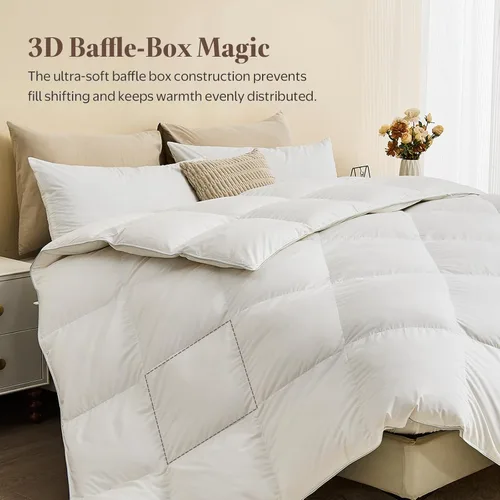 Vista 5 de Edredón de fibra de plumón de ganso tamaño Queen – Funda de mezcla de algodón egipcio, para todas las estaciones, relleno de edredón de lujo