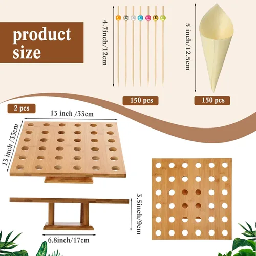 Vista 2 de 150 conos de madera desechables para alimentos con 36 agujeros, soporte de exhibición de cono de helado de bambú y 150 palitos de bambú coloridos