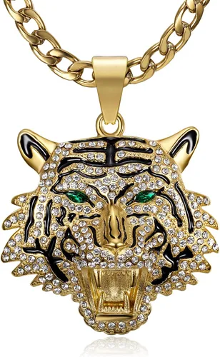 CJiePeiC CZ Fully Roaring Tiger Head With Green Red Eyes Pendant Punk Rock Stainless Steel Necklace, 24 Inch 7mm Chain For Men Hip Hop Animal