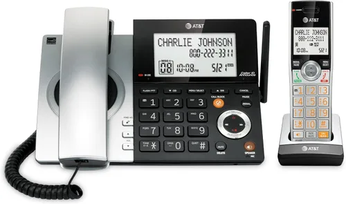 AT&T CL84107 DECT 6.0 Teléfono expandible con cable/inalámbrico con bloqueador de llamadas inteligente, negro/plata con 1 auricular