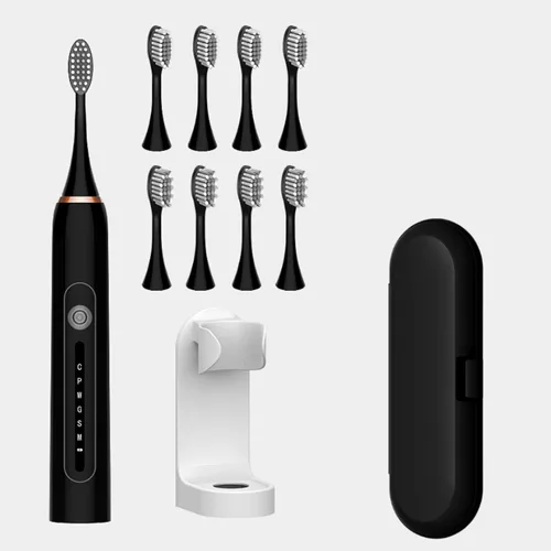 Cepillo de dientes eléctrico con carga USB durante 60 días, un mango eléctrico, 8 cabezales de cepillo de repuesto, funda de cepillo de dientes Negro