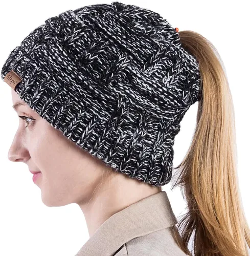 Vista 3 de Alepo Womens High Messy Bun Beanie Hat with Ponytail Hole, Winter Warm Trendy Knit Ski Skull Cap