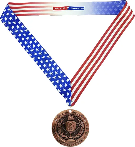 Vista 3 de Decade Awards Medalla de Primer Lugar, Clase Mundial - 3 Pulgadas de Ancho - Medalla de Oro con Cinta para el Cuello de Estrellas y Rayas - Perfecta