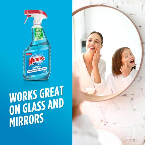 Vista 4 de Windex Spray limpiador de vidrio y ventanas, botella hecha de plástico 100% reciclado, espray de limpieza de superficies, aroma azul original, 23