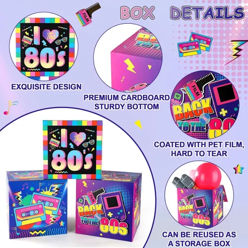 Vista 4 de 100 piezas de decoraciones de fiesta de cumpleaños de los años 80, kit de cajas de arco de guirnalda de globos de los años 80, kit de cajas