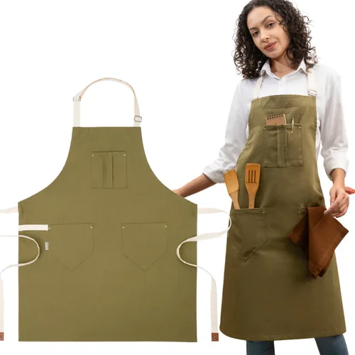 Vista 13 de Cotton Canvas Apron for Women & Men – Adjustable Neck Strap & Waist Ties with Pockets