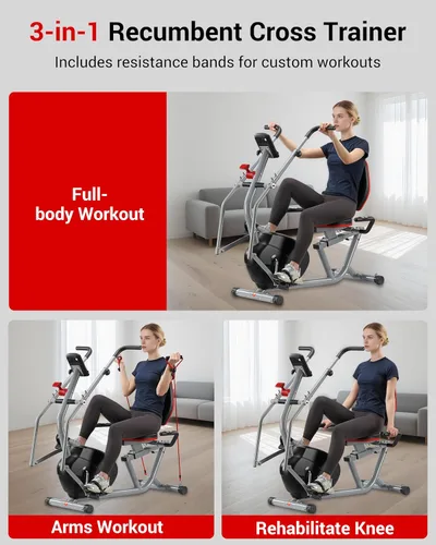 Vista 6 de ECHANFIT Recumbent Exercise Bike with Arm Exerciser for Home - Elliptical Recumbent Cross Trainer with Backlit Display, Pulse Sensor, 8-Level
