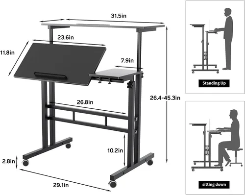 Vista 7 de SogesHome Mesa de escritorio ajustable para computadora portátil de 31.5 pulgadas, bandeja de carrito de escritorio con soporte para computadora