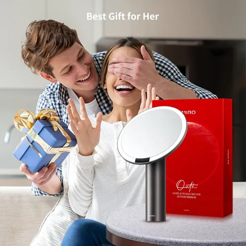 Vista 7 de AMIRO Espejo de maquillaje iluminado de 9" con sensor inteligente y control táctil, 3 colores y 6 niveles de brillo, recargable e inalámbrico, Negro