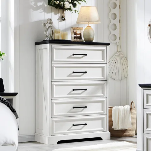 Vista 8 de ACCOHOHO Cómoda de granja con 5 cajones para dormitorio, cómoda de madera rústica de 46" de alto con asa ancha de metal, textura natural