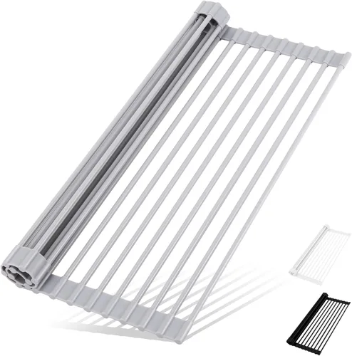 Vista 8 de HANZENMA Estante triangular para fregadero, estante multifuncional sobre la encimera, esterilla plegable para secar el fregadero, resistente al Negro