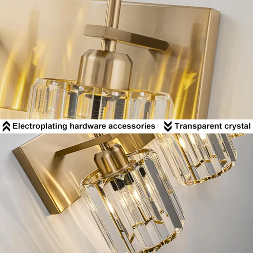 Vista 3 de Modernas luces de cristal para tocador de baño, 3 luces doradas, lámparas de baño sobre espejo, iluminación de pared de cristal con acabado de latón