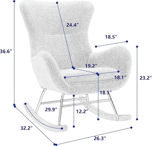 Vista 2 de Silla mecedora de tela de peluche, asiento acolchado con respaldo alto y reposabrazos, sillón acogedor, sofá individual, mecedora para sala