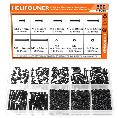 Vista 22 de HELIFOUNER 560 Piezas M2 x 4 mm / 6 mm / 8 mm / 10 mm / 12 mm / 16 mm / 20 mm, Kit de Tornillos de Cabeza de Botón con Arandelas y Tuercas, Acero