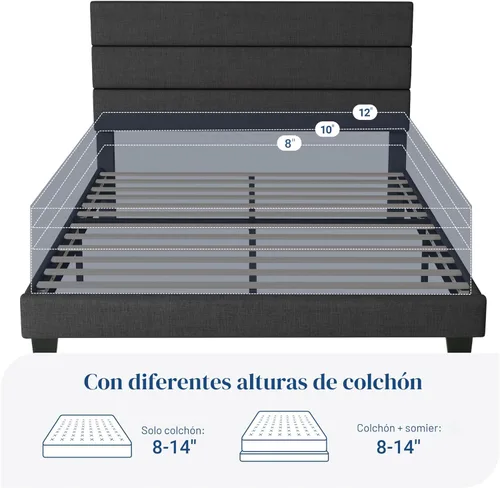 Vista 7 de Allewie Base de cama de plataforma de tamaño completo con cabecera tapizada de tela y soporte de listones de madera, base de colchón totalmente Gris