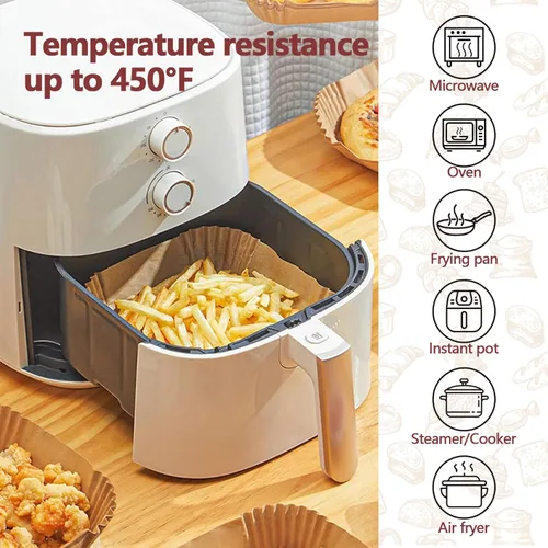 Vista 4 de Revestimientos desechables para freidora de aire de 10 pulgadas, paquete de 100 hojas de papel de pergamino para cesta de freidora de aire