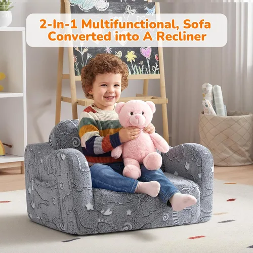 Vista 5 de MeMoreCool Sofá de dinosaurio para niños, silla plegable para niños pequeños, sofá abatible que brilla en la oscuridad, asiento convertible