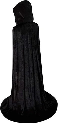 Vista 2 de LHJ Túnica unisex con capucha de longitud completa, capa larga de terciopelo, capa con capucha, disfraz de cosplay Negro