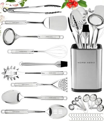 Vista 8 de Home Hero Juego de utensilios de cocina de acero inoxidable – Juego de utensilios de cocina de acero inoxidable antiadherente con mango de madera