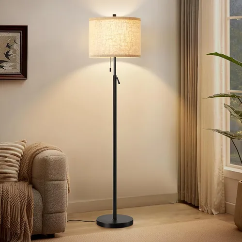 GyroVu Lámpara de pie negra, lámpara de pie ajustable en altura con pantalla de tela y cadena de tracción para sala de estar, dormitorio y oficina,