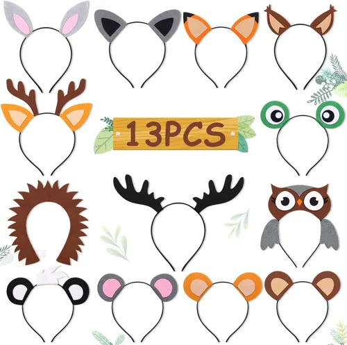 13 piezas de diademas de animales del bosque con orejas de fieltro para amigos del bosque, tema de camping, tema de criaturas del bosque, para baby