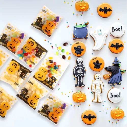 Vista 2 de Boao 100 bolsas de golosinas de Halloween, bolsas transparentes autoadhesivas para dulces, calabaza a granel, celofán, bolsa de plástico
