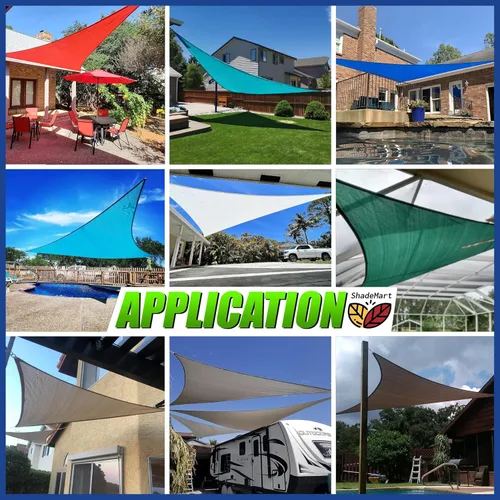 Vista 4 de ShadeMart SMTAPT28, toldo triangular beige de 28 x 28 x 28 pies, permeable al agua y bloqueo UV, resistente, fácil de instalar y duradero