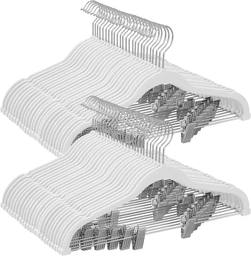 Vista 12 de SONGMICS Paquete de 30 perchas para pantalones, perchas de terciopelo de 16.7 pulgadas de largo con clips ajustables, resistentes, antideslizantes