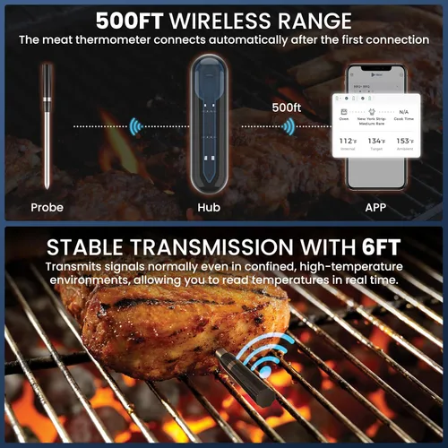 Vista 3 de Termómetro inalámbrico para carne a la parrilla y ahumar, CP10 nueva generación de 500 pies, termómetro de carne de 500 pies, sensor doble, alarma