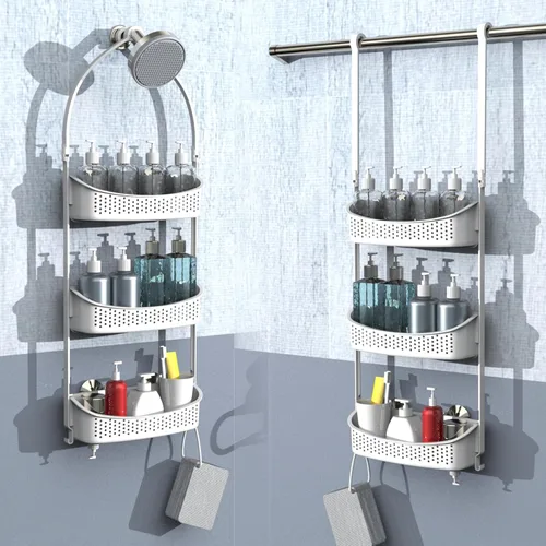 Heavy duty shower caddy hanging; 3 tiers supper large plastic shower basket over the showerhead; never rust baskets over the door, shower organizer