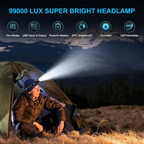 Vista 2 de Sinvimes Linterna frontal recargable LED de 4000 lúmenes altos, lámpara de cabeza de batería de larga duración de 95 horas con 5 modos e