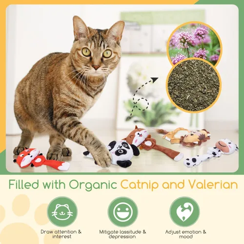 Vista 3 de Nobleza Juguetes de hierba gatera, 5 juguetes masticables para gatos de interior, lindas formas de animales, juguetes de dentición con papel