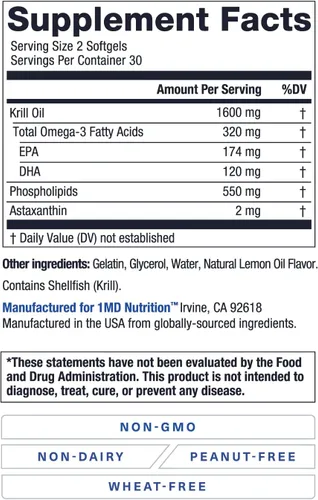 Vista 8 de 1MD Nutrition KrillMD - Suplemento omega 3 de aceite de krill antártico con astaxantina, EPA, DHA 2 veces más eficaz que el aceite de pescado 60