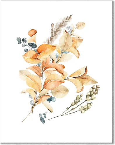 Flower Wall Art, Vintage Nature Botanical Print, Rustic Floral Watercolor of Wildflowers, Leaves, Berries in Orange & Blue, Country Farmhouse