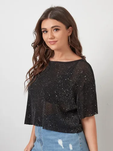 Vista 3 de OYOANGLE Camiseta corta de malla con purpurina para mujer, talla grande, transparente, manga corta