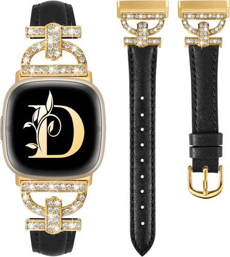 Vista 7 de Minyee Correas de cuero compatibles con Fitbit Versa 4/Versa 3/Sense 2/Sense Band para mujer, correa de cuero delgada elegante con diamantes