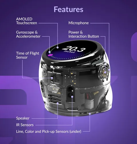 Vista 5 de Ozobot Kit de aula Ari (18 bots) Robot de aprendizaje interactivo con pantalla táctil, sensor ToF, acelerómetro, giroscopio e integración de IA