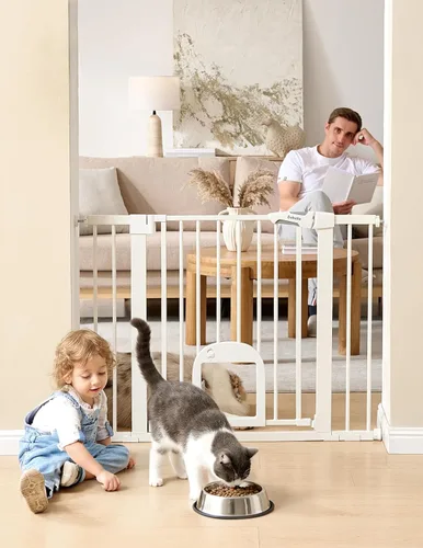 Vista 17 de Babelio Puerta de bebé mejorada con puerta para gatos, puerta duradera de 29-43 pulgadas para perros, para escaleras, puertas y casa, puerta de Negro