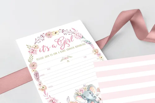 Vista 3 de Your Main Event Prints Invitaciones de baby shower de elefante para niña, tema floral rosa, invitaciones de espolvorear con texto en inglés "It's a