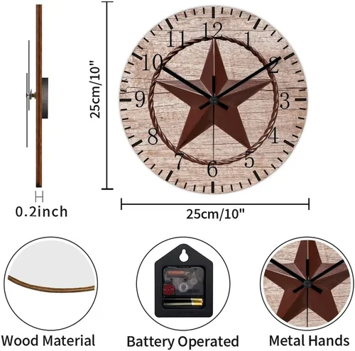 Vista 2 de Reloj de pared redondo de estilo rústico con estrella de Texas occidental, reloj de madera, silencioso sin tictac, funciona con pilas, con números