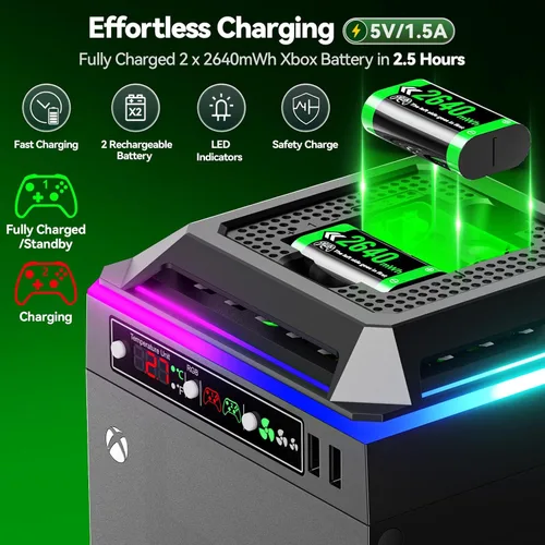 Vista 3 de Cooling Fan for Xbox Series X Console with RGB Light, Charger Station with 2 x 2640 mWh Rechargeable Battery Packs for Xbox SeriesOne-XSElite